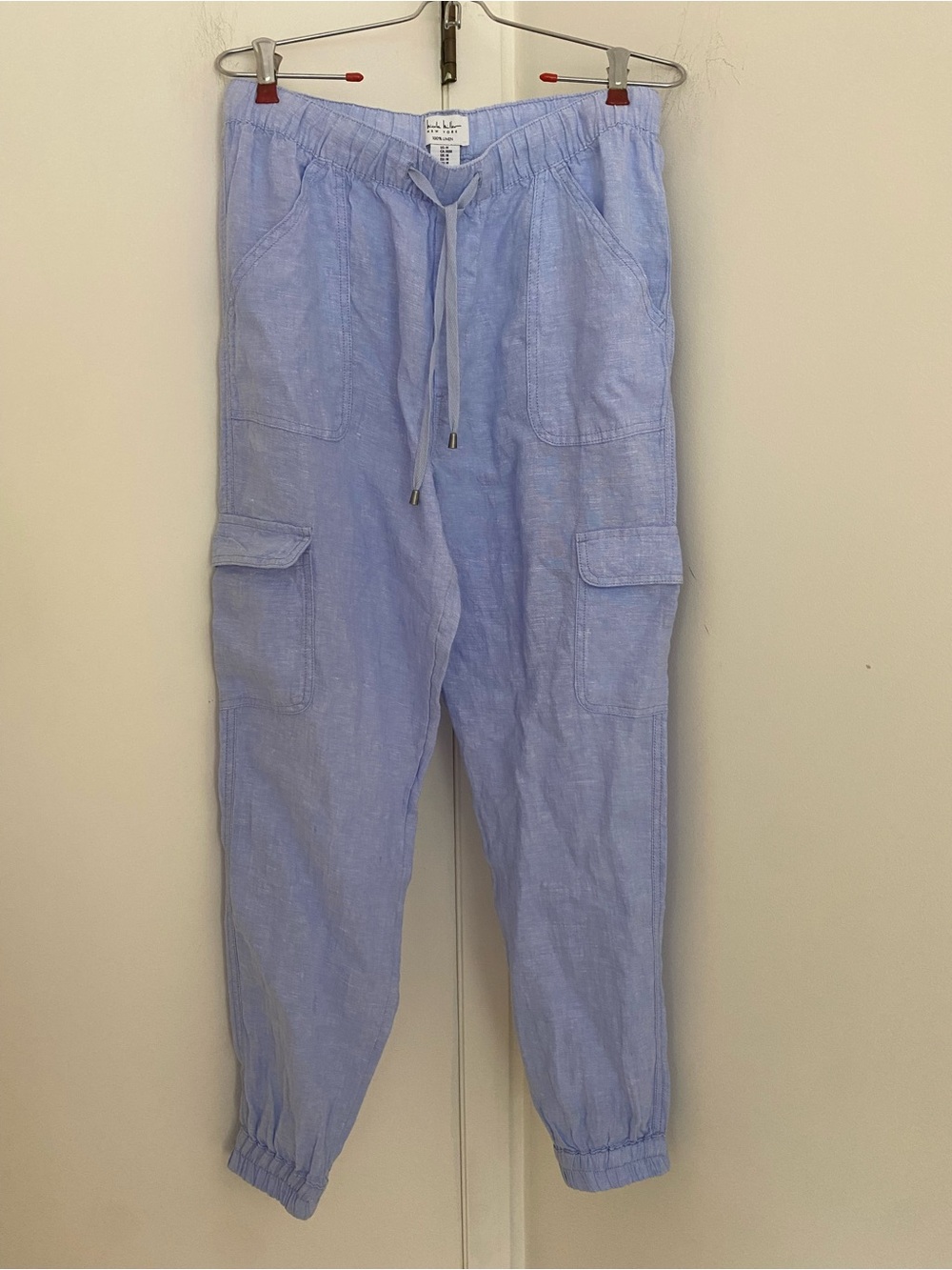 100% Linen Coastal Preppy Nautical Light Blue Drawstring Cargo Jogger Pants M